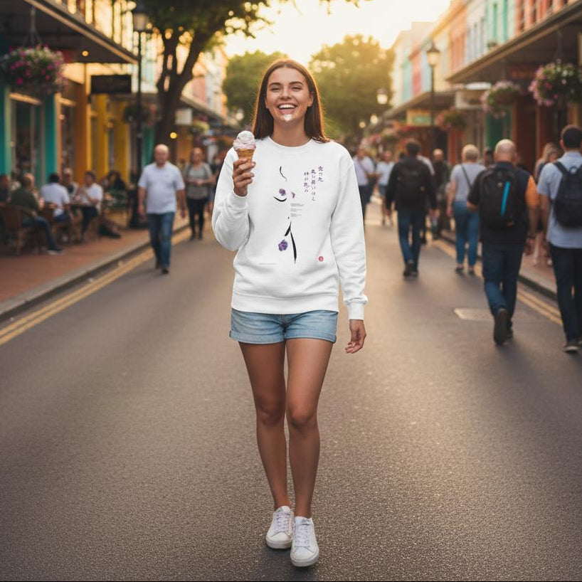 "Luz del Amor" Arte de inspiración Zen con Haiku y Flores. Sudadera cuello redondo unisex clásica | Gildan® 18000 Blanco