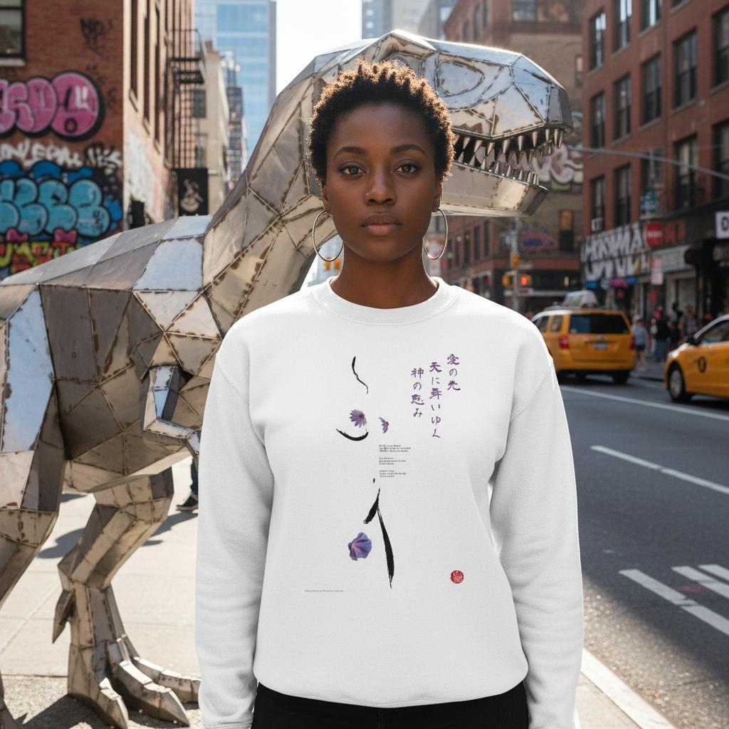 "Luz del Amor" Arte de inspiración Zen con Haiku y Flores. Sudadera cuello redondo unisex clásica | Gildan® 18000 Blanco